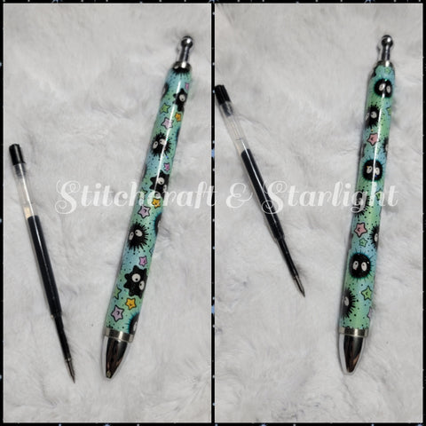 Soot Critters- pastel greenish base- Metal Refillable Epoxied Pen- Maker Flo