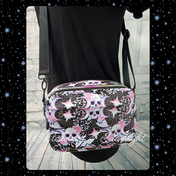 Triple Moon Skulls- Rae Dual Zip Crossbody Bag